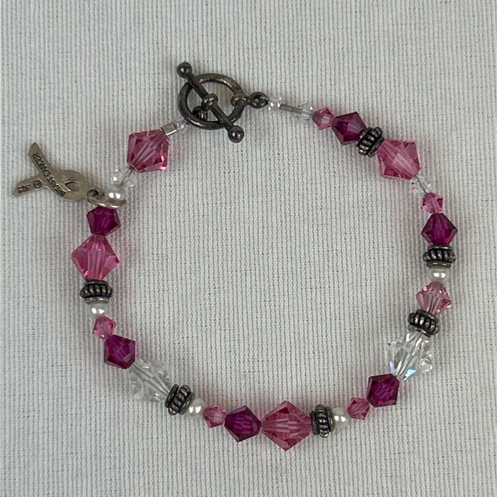 Vintage 925 Sterling Silver Pink Crystal Beaded Breast Cancer Bracelet